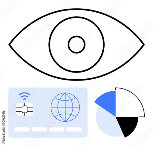 Eye symbol highlights vision and insight, digital card suggests transactions and identity, pie chart reflects data analysis. Ideal for privacy, cybersecurity, finance, analytics, biometrics