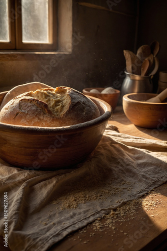 Bread dough proofing in a large bowl covered loosely with cloth as sunlight hits the edge of the dough showing slight expansion in a quiet kitchen corner with ambient shadows and wooden