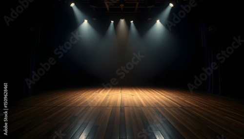 Empty theatre stage with focused spotlights illuminating the wooden floor in a dramatic effect