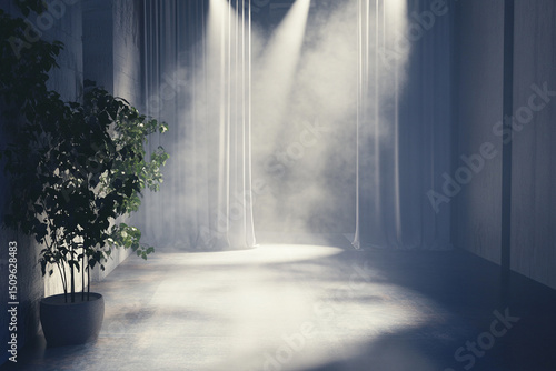 Elegant fashion stage in foggy interior