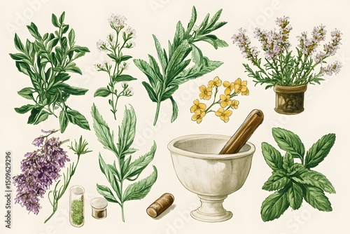 Fototapeta Naklejka Na Ścianę i Meble -  Vintage botanical illustration of herbs and spices with mortar and pestle for culinary or medicinal use