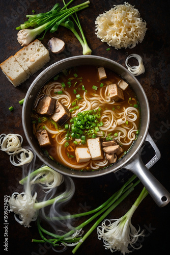 Ramen broth gently boiling in a pot with tofu slices green onions and mushrooms floating on the surface captured from overhead with natural light catching the sheen of the liquid steam