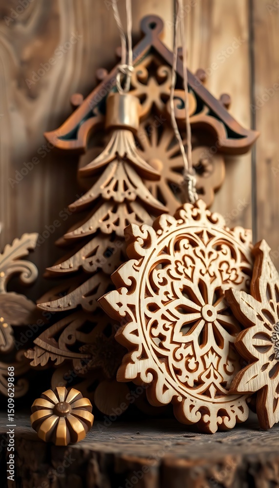 Fototapeta premium wooden christmas tree ornament on a wooden table