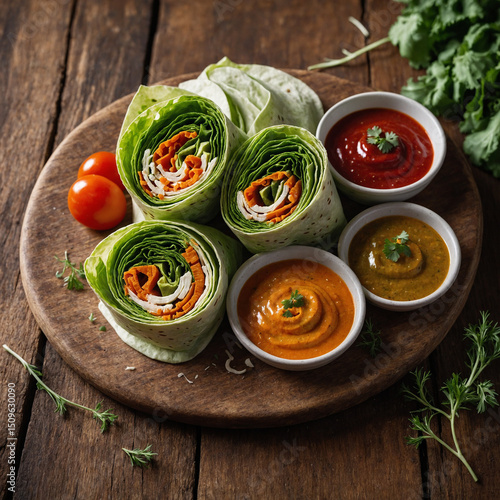 Flat lay of vibrant vegetable wraps arranged on a wooden board with dipping sauce and herb garnish under soft daylight to highlight texture and freshness, captured from a perfect 90-degree