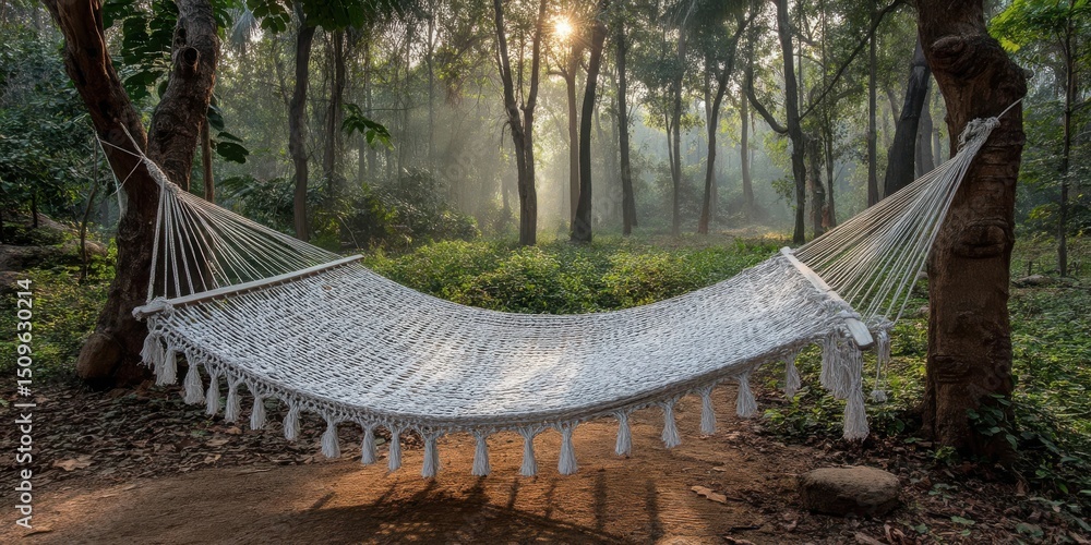 Fototapeta premium Authentic Local Experiences Concept. Tranquil Hammock Nestled Between Trees in Lush Green Forest with Soft Morning Light Filtering Through