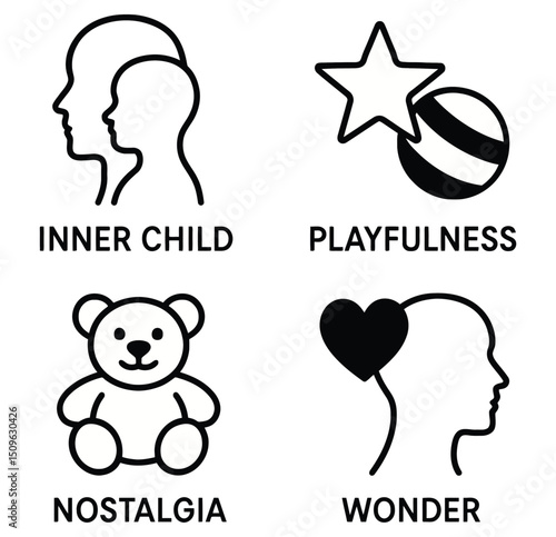 Minimalist Black and White Vector Icons Representing the Inner Child – Playfulness, Nostalgia, Wonder

