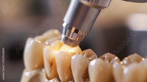 Close up of an endodontic microscope lens focusing on a tooth undergoing root canal therapy