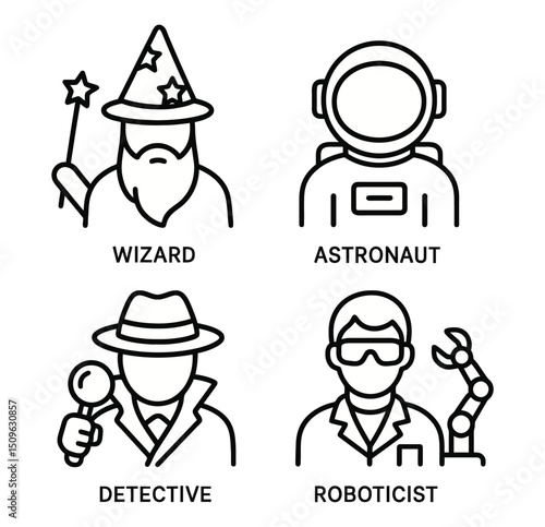 Black and White Vector Icons of Fictional and Imaginary Professions