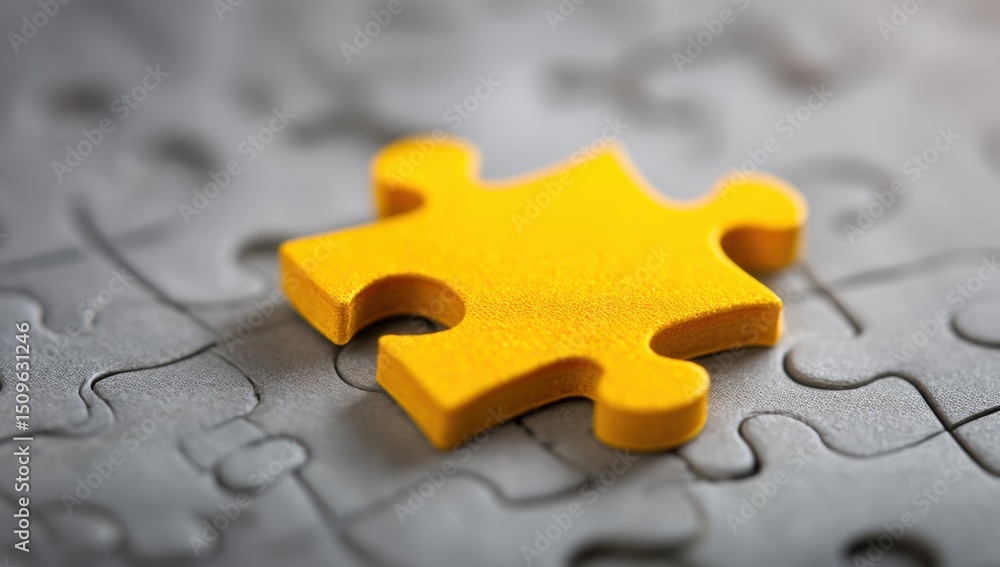 Fototapeta premium Yellow jigsaw puzzle piece on gray puzzle