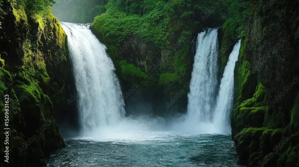 Fototapeta premium Majestic Waterfalls Cascading Down Rugged Cliffs Into The Serene Pool