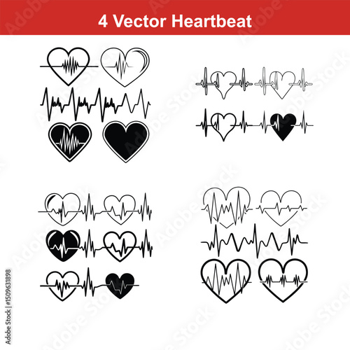 Heartbeat line collection with heart symbol, cardiology, medical pulse,heart bit line with heart icon set, Vector silhouettes heart rate,