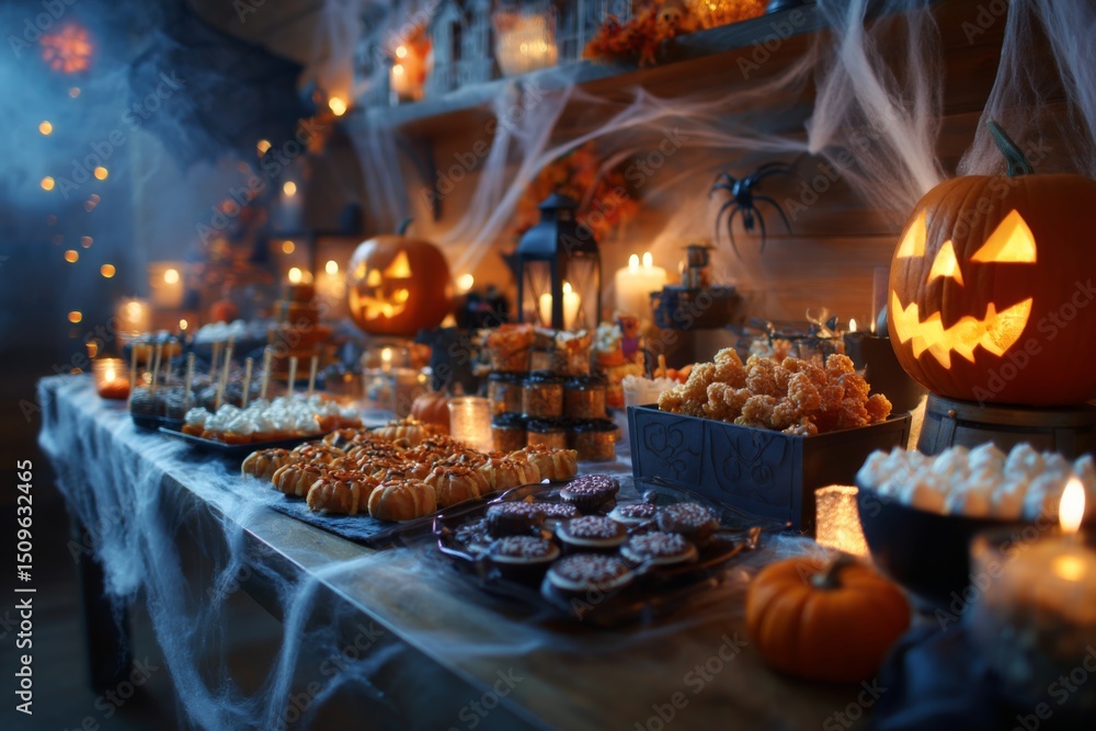 Indoor Halloween party table filled with themed snacks, candies, and spooky decorations Indoor Halloween party table filled with themed snacks, candies, and spooky decorations