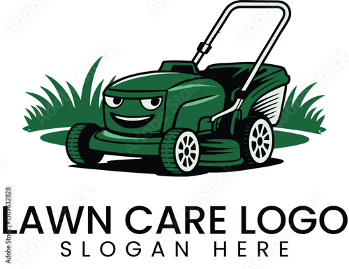 Happy Green Lawn Mower Care Logo Design job art icon cute   
