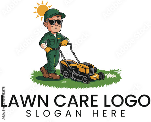 Happy Gardener Lawn Mowing Service Logo Design sun man cut  