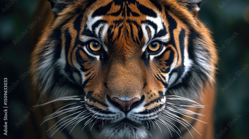 Fototapeta premium A majestic Bengal tiger staring directly into the camera, soft and even lighting, blurred minimalistic background, high-definition fur texture, cinematic close-up