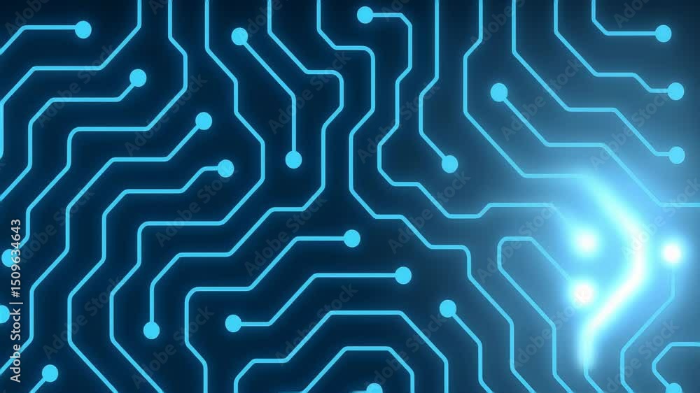 Blue neon light flowing through futuristic circuit pattern on green screen background, generative AI