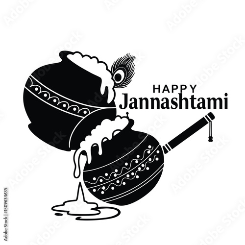 Krishna Janmashtami | Krishna Butter Pot Vector Design | Lord Krishna Flute & Feather vector art with white background .