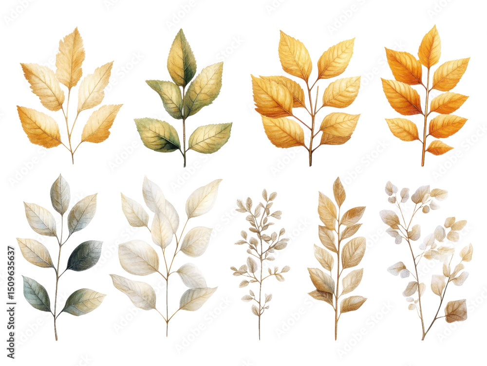 A set of six different colored leaves, including white, yellow, and brown A set of six different colored leaves, including white, yellow, and brown