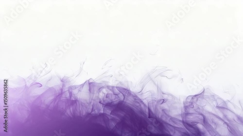 Wispy tendrils of purple smoke slowly rise from a darker gradient, creating an ethereal, abstract pattern against the stark white background.copy space