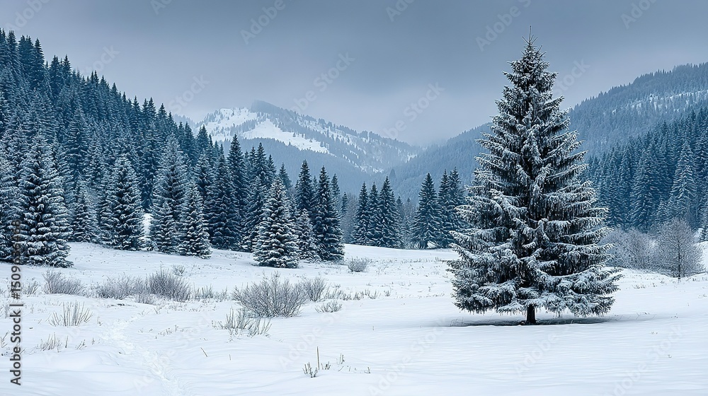 Fototapeta premium Snowy fir trees on a winter landscape.