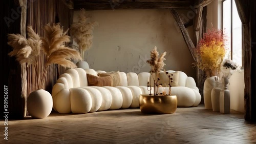 Comfortable lounge featuring a rounded sofa, dried flowers, a wooden floor, rustic beams and a golden coffee table, in an idyllic setting.