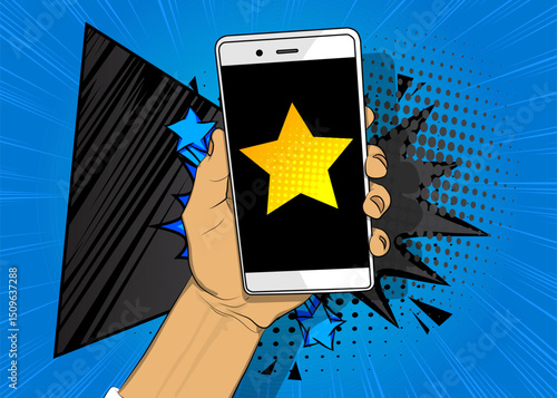 Cartoon Smartphone, comic book Telephone with Star. Retro vector comics pop art design.