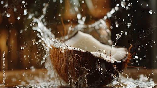 Close up shot of a fresh coconut being cracked open with coconut water splashing out in midair