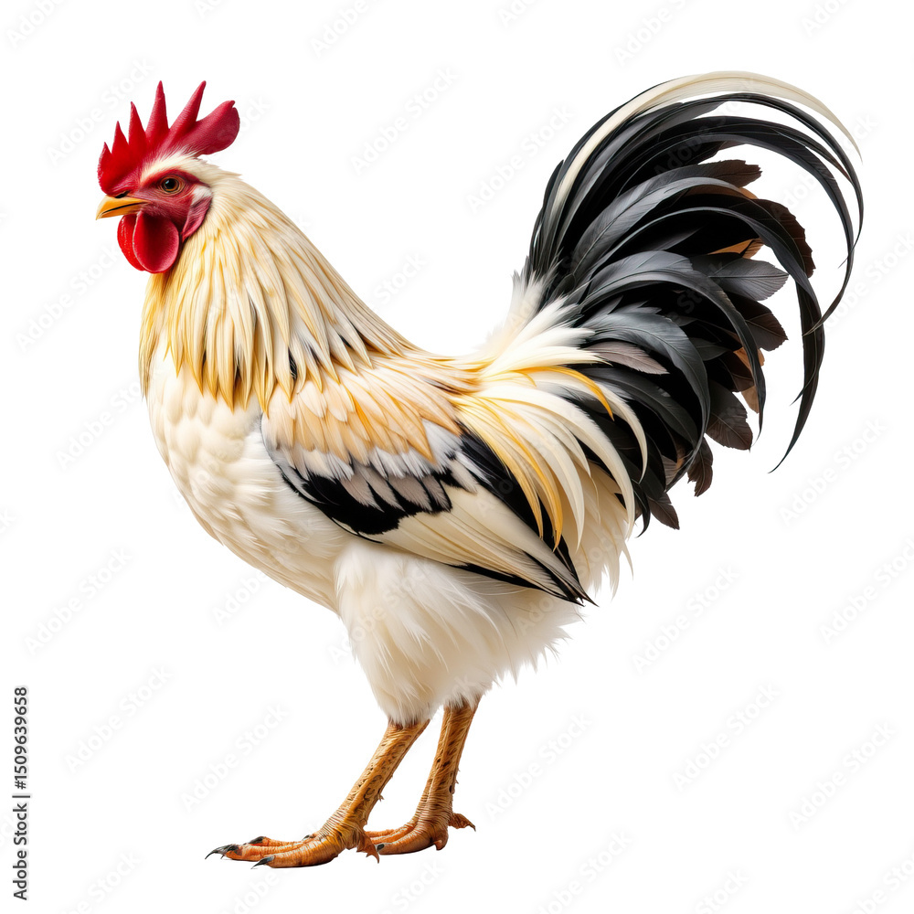 Fototapeta premium Majestic Rooster with Striking Plumage Displaying Vibrant Colors and Rich Textures on a White Background