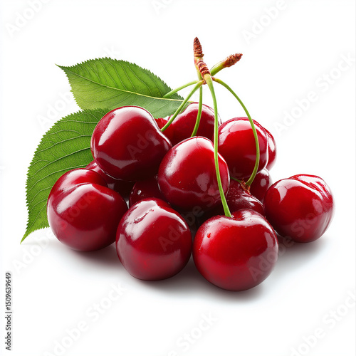 A cluster of cherries with stems and leaves, vibrant red and glossy, isolated on white background