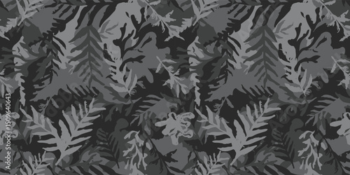Camouflage with leafs and twigs, seamless hand drawn pattern, printing on fabric. Tropical camo texture with botanical motif. Grunge brush painted floral background. Vector black wallpaper print