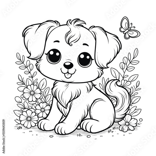 Cute Dog with Butterfly and Flowers Coloring Page