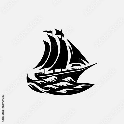 Intricate black silhouette vector logo of a tribal ship with decorative patterns. Cultural heritage concept