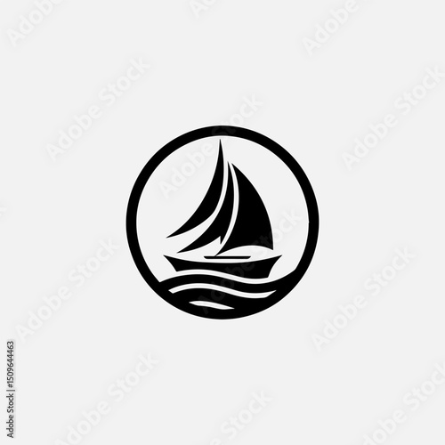 An elegant black vector logo silhouette of a graceful sailboat within a perfect circle