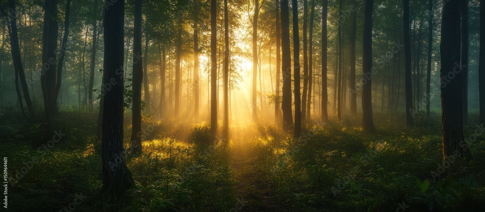 Fototapeta premium Sunlight streams dramatically through the dense trees of a forest