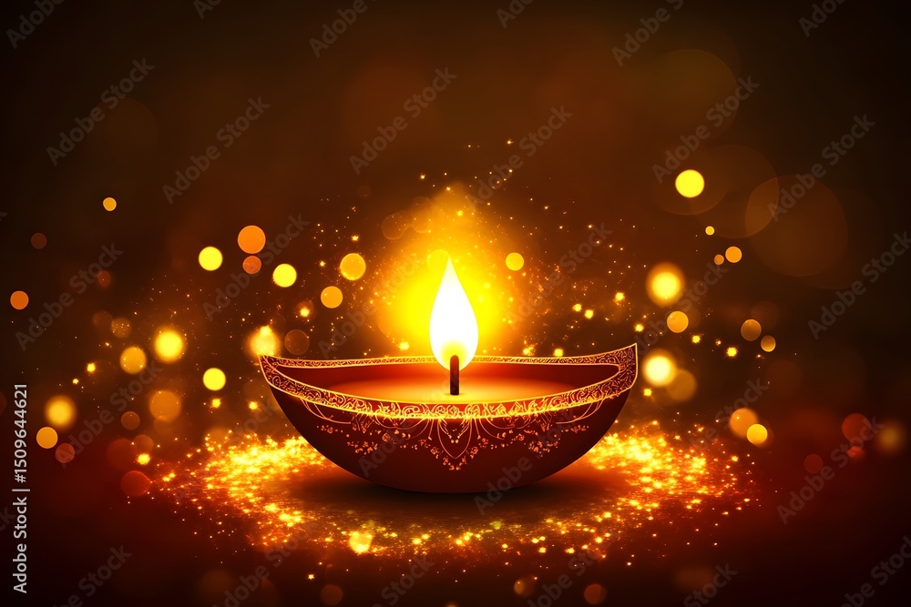 Glowing diya with bokeh lights a festive illustration of the indian festival of lights Glowing diya with bokeh lights a festive illustration of the indian festival of lights