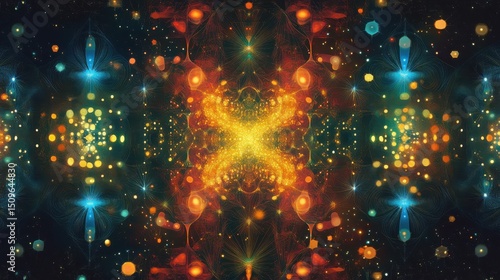Abstract Symmetrical Glowing Lights Pattern with Orange Yellow and Blue Hues on a Dark Background