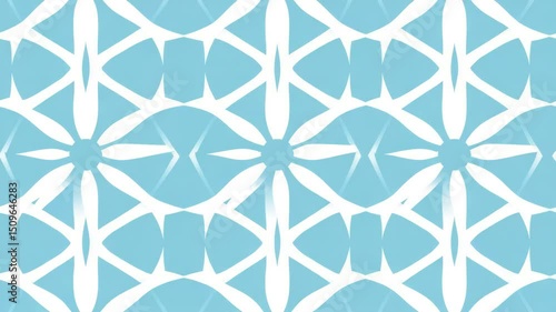 Abstract light blue backdrop features a symmetrical pattern of overlapping white flowers with six petals and triangular elements.