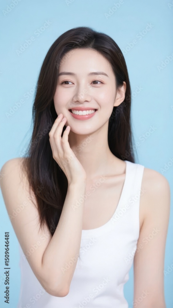 A person with long dark hair wearing a white tank top, gently touching their face against a light blue background. A person with long dark hair wearing a white tank top, gently touching their face against a light blue background.