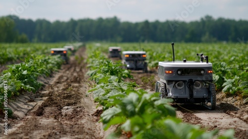 Wallpaper Mural Automated farming robots tending to crops in a green vineyard futuristic agriculture aerial view technology integration Torontodigital.ca