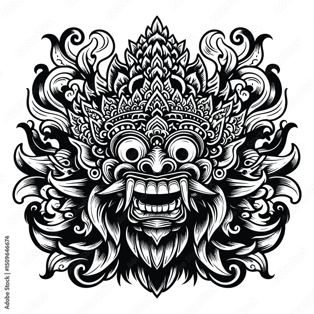 Fototapeta premium Monster Face with Fangs, Crown, and Floral Ornament