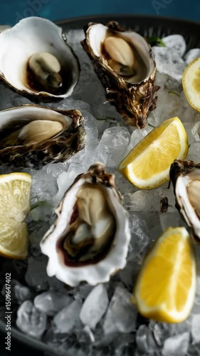 Fresh oysters on ice, showcasing lemon wedges and open shells served as a delicious seafood delicacy for gourmet dining.