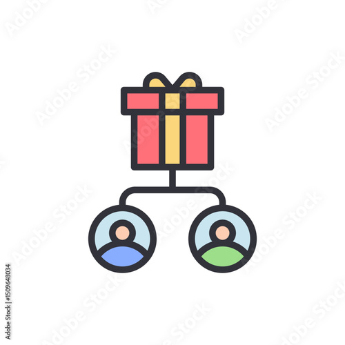 Red Gift Box Connected To Two People Icons With Transparent Style
