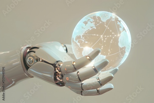 Robotic hand gently holding a glowing globe with digital connections, symbolizing artificial intelligence, global technology, innovation, and the future of smart automation