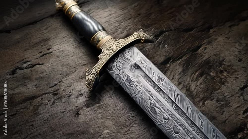 Ornate medieval sword with a patterned blade rests on a distressed wooden surface, showcasing detailed metalwork on its hilt and a historical aesthetic.