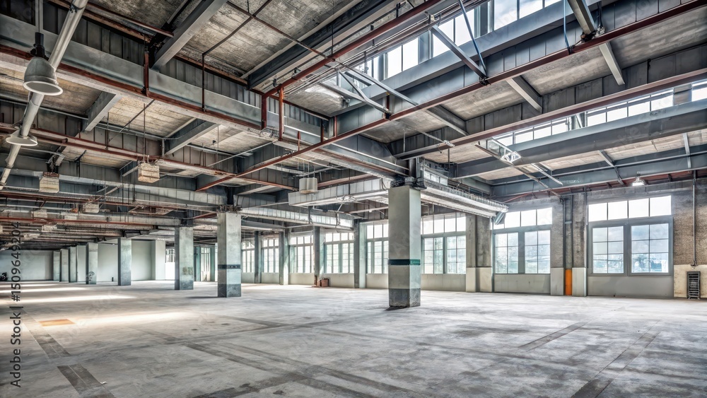 Abandoned construction site with exposed ductwork and concrete floors, unfinished construction, industrial interior Abandoned construction site with exposed ductwork and concrete floors, unfinished construction, industrial interior