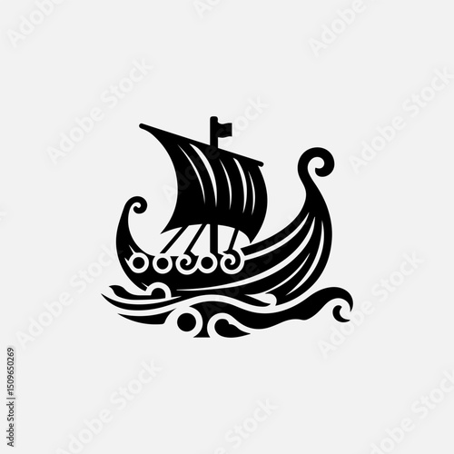 A powerful black silhouette vector logo of a traditional Viking longboat sailing on stylized waves