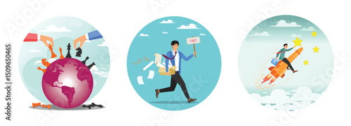 Geopolitics world country trade alliance concept. Quit full time job. Success achievement.