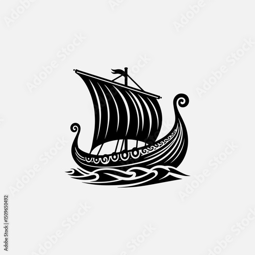 A powerful black silhouette vector logo of a traditional Viking longboat sailing on stylized waves