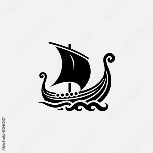 A powerful black silhouette vector logo of a traditional Viking longboat sailing on stylized waves