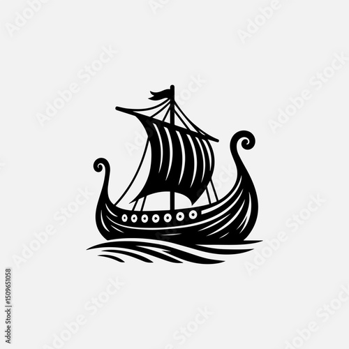 A classic black silhouette vector logo of a traditional Viking longboat sailing on stylized waves